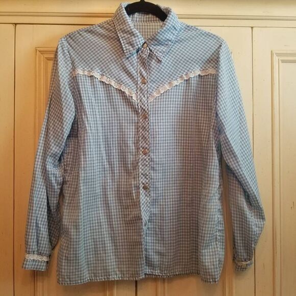 Vintage Gingham Snap L/S  Blouse Eyelet Detail Small - Picture 1 of 6